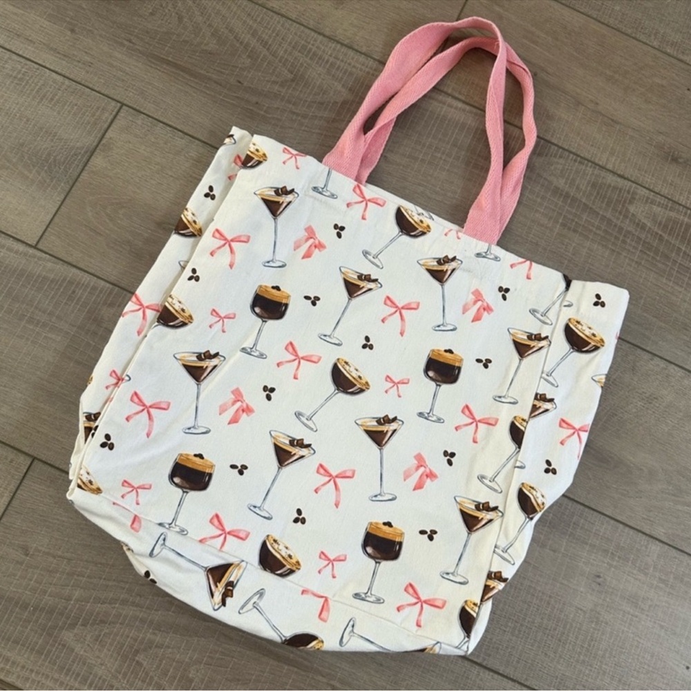 Viral Espresso Martini Coquette Pink Bow Reusable Canvas Shopper Tote Bag NWT